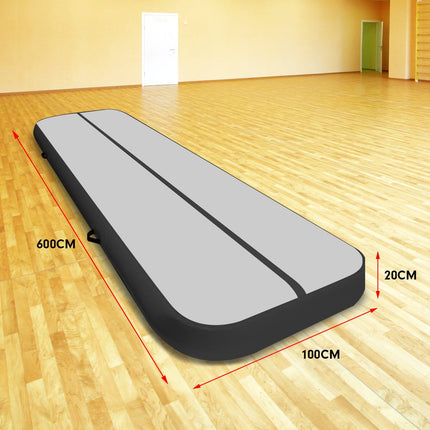 Powertrain 6m x 1m Air Track Inflatable Gymnastics Mat - Grey Black