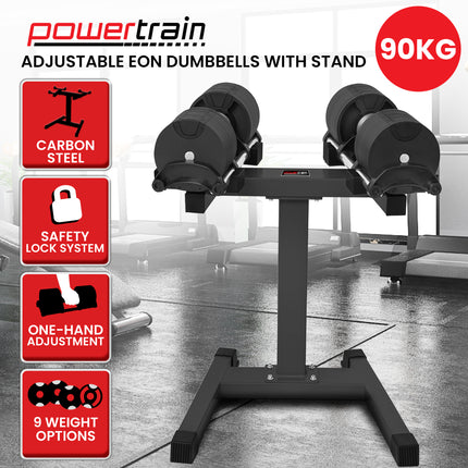 Powertrain Eon 2 x 45kg Adjustable Dumbbells w/ Stand Heavy-Duty Storage Rack Home Gym 9 Streng