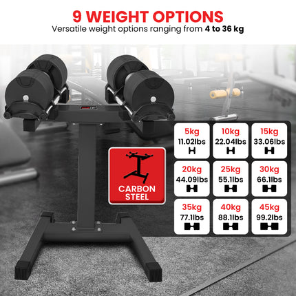 Powertrain Eon 2 x 45kg Adjustable Dumbbells w/ Stand Heavy-Duty Storage Rack Home Gym 9 Streng