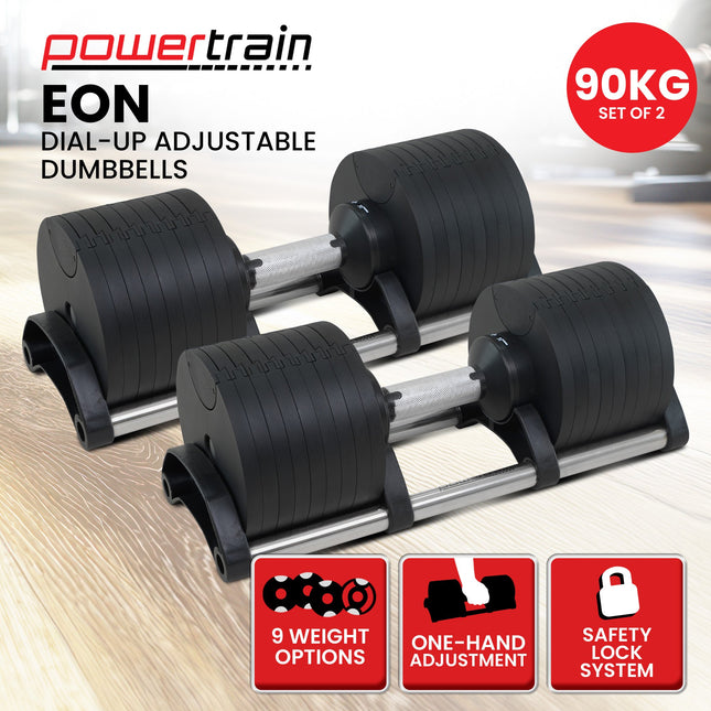 Powertrain Eon 2 x 45kg Adjustable Dumbbells Home Gym 9 Strength Training Safety Lock System Bu