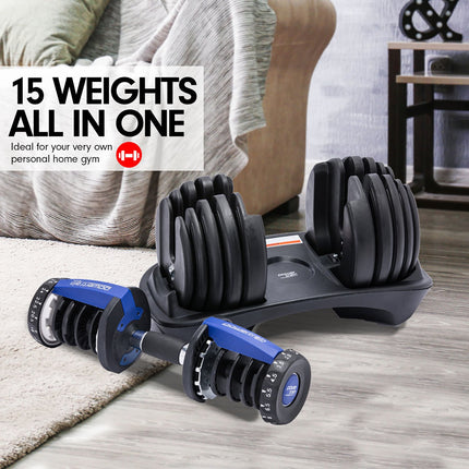 Powertrain 24kg Adjustable Dumbbell Home Gym Exercise Weights Free Workout Blue