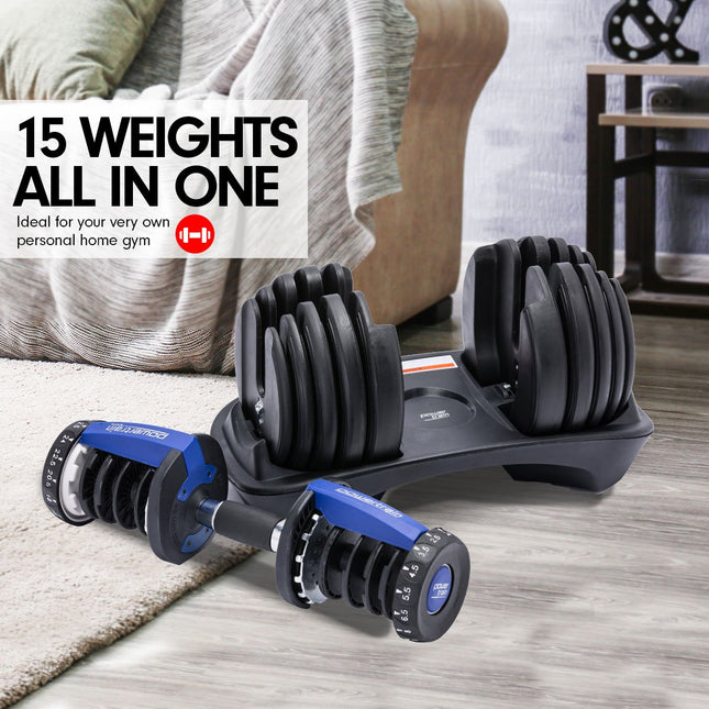 Powertrain Adjustable Dumbbells Set Home Gym Exercise Free Weights 48kg w/ Stand - Blue