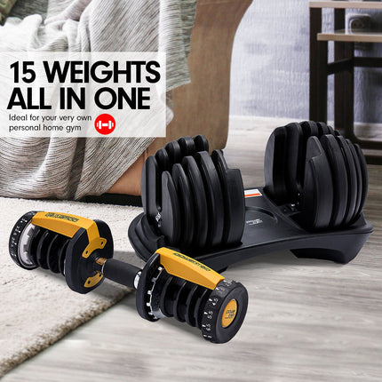 Powertrain 24kg Adjustable Dumbbell Home Gym Exercise Weights Free Workout Gold