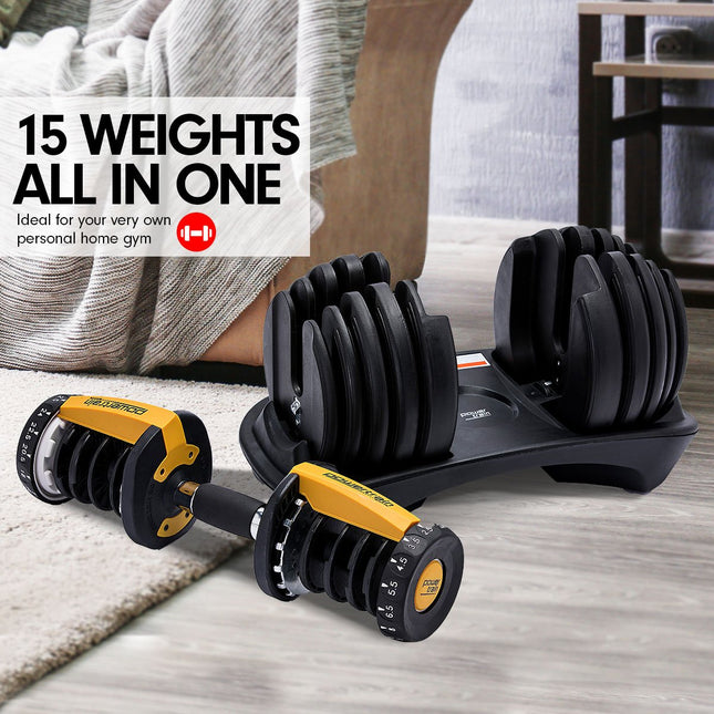 Powertrain 48kg Adjustable Dumbbell Set Home Gym Exercise Equipment Weights Gold