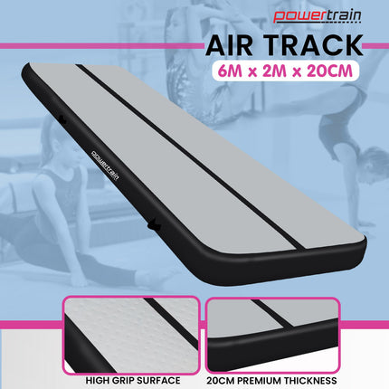 Powertrain 6m x 2m x 20cm Air Track Gymnastics Mat Tumbling Exercise - Grey Black