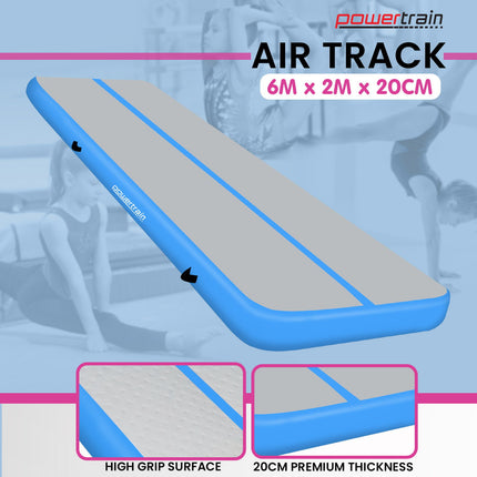 Powertrain 6m x 2m x 20cm Air Track Gymnastics Mat Tumbling Exercise - Grey Blue