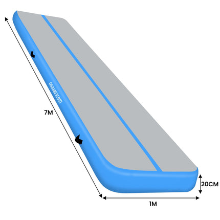Powertrain 7m x 1m x 20cm Air Track Inflatable Gymnastics Mat Tumbling - Grey Blue