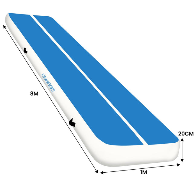 Powertrain 8m x 1m x 20cm Air Track Inflatable Tumbling Gymnastics Mat - Blue White