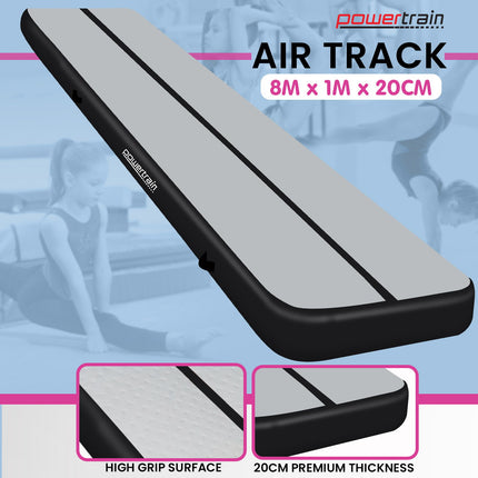 Powertrain 8m x 1m x 20cm Air Track Inflatable Tumbling Mat Gymnastics - Grey Black
