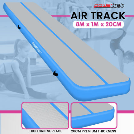 Powertrain 8m x 1m x 20cm Air Track Inflatable Gymnastics Mat Tumbling - Grey Blue