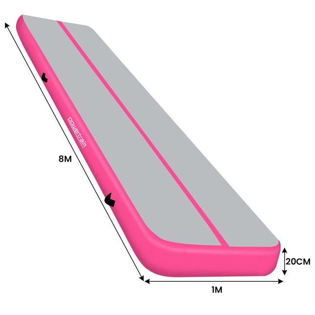 Powertrain 8m x 1m x 20cm Air Track Inflatable Gymnastics Mat Tumbling - Grey Pink